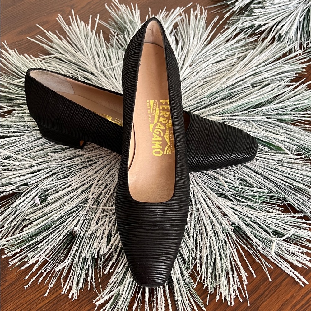 Salvatore Ferragamo Black Textured Flats